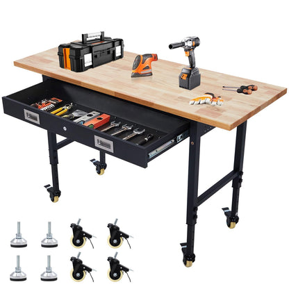 Adjustable Workbench for Garage, 48" Heavy Duty Rolling Work Bench with Power Outlet & Storage Drawer, 2000 LBS Capacity Solid Wood Top Shop Table for Workshop Home Office