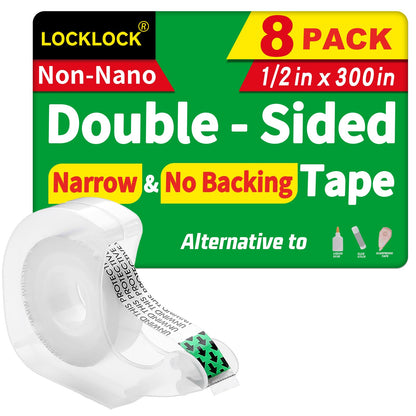 LOCKLOCK Double Sided Tape Light Duty, 8 Pack, 1/2 x 300 inches, Narrow Double Stick Tape for Crafts, Arts Projects, Gift Wrapping, Alternative to Scrapbook Tape, Office and School Supplies.