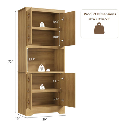 GarveeHome 72" Tall Pantry Cabinet with Carved Door, Kitchen Storage Cabinet with Shelf for Microwave, Freestanding Wooden Cupboard with Crystal Handle, for Dining Living Room, Light Oak