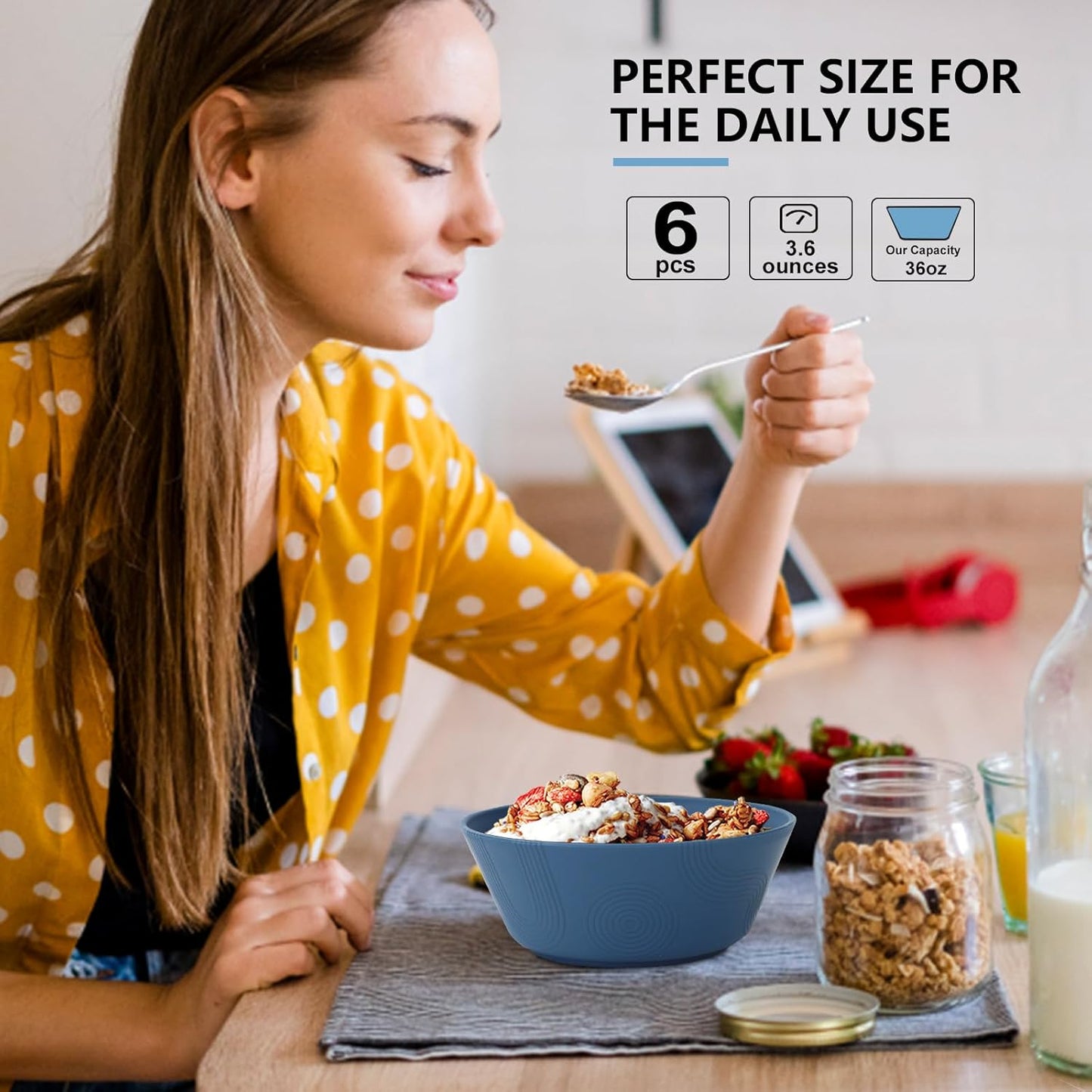 Cereal Bowls Set of 6, 36oz Wheat Straw Bowls with Unique Design, Microwave & Dishwasher Safe for Salad, Pasta, Soup
