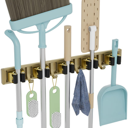 reliahom Broom Holder Wall Mount Mop and Broom Hanger Wall Mounted Garage Storage Rack Kitchen Garden Tool Organizer (4 Racks with 5 Hooks, Silver)