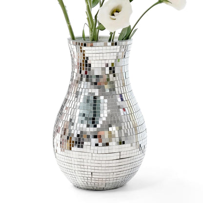 8.7" Disco Ball Flower Vase - Silver Mirrored Mosaic Vase for Centerpieces, Retro 70s Party Decor, Unique Funky Reflective Floral Container for Home, Wedding & Living Room Aesthetics