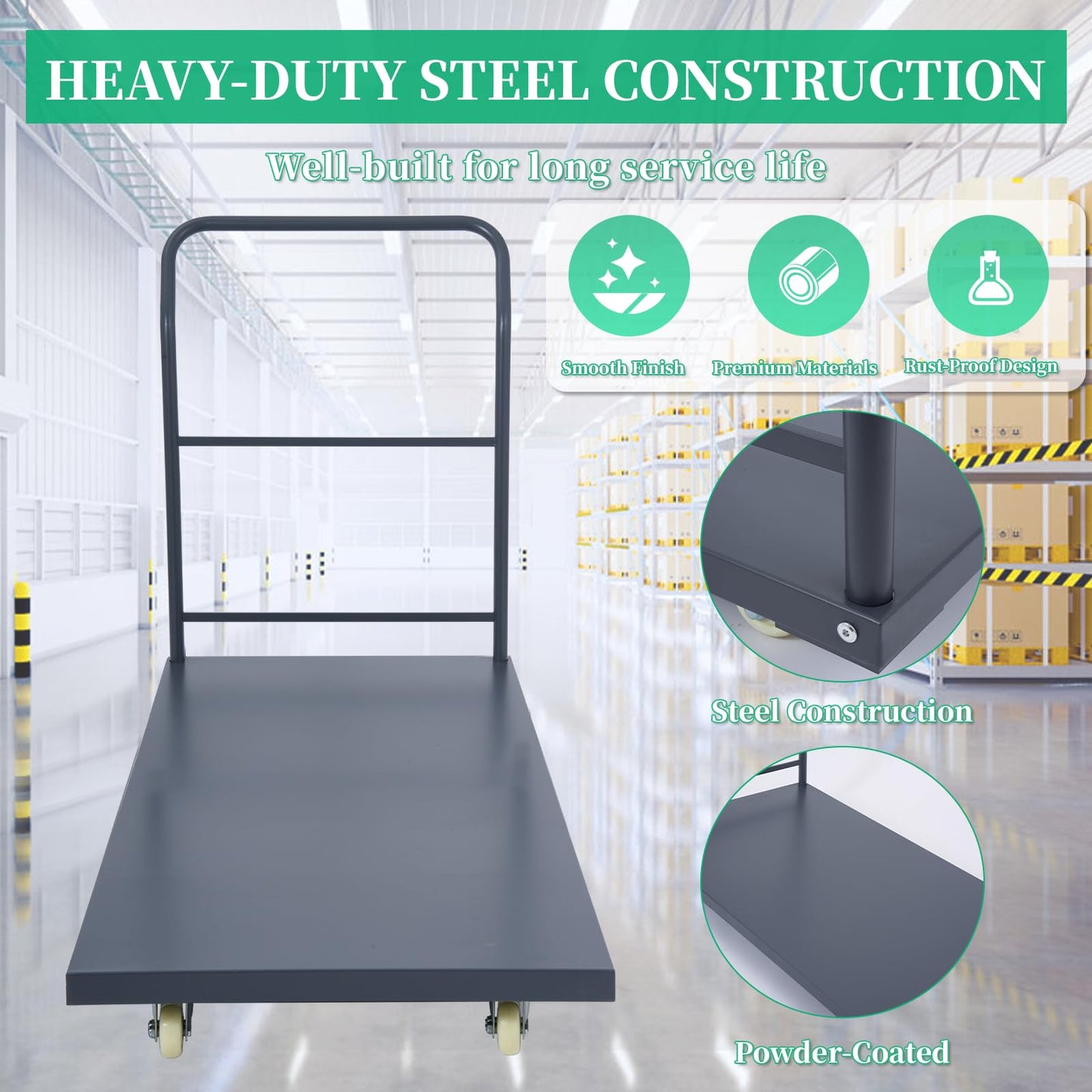 Heavy Duty Flatbed Cart 60"x30" Platform Truck, 2000 lbs Capacity Steel Hand Truck with 4 Swivel Wheels, Industrial Utility Push Cart for Warehouse, Garage, and Moving Supplies