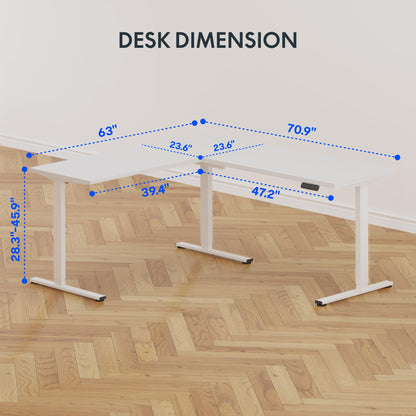 FLEXISPOT L Shaped Standing Desk, 71 x 63 Inch Electric Height Adjustable Corner Desk, Sit Stand Computer Workstation, Preset Controller, Home Office, White Frame with White Top