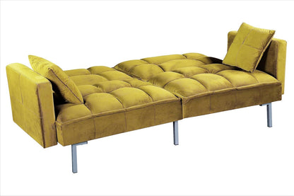 Container Furniture Direct Regal 75.6" Velvet Convertible Sofa Bed - Mid-Century Sleeper Couch w/Tufted Design & Metal Legs - Pull-Out Futon for Guests/Home (75.6"W x 34.6"D x 32"H), Greenish Yellow