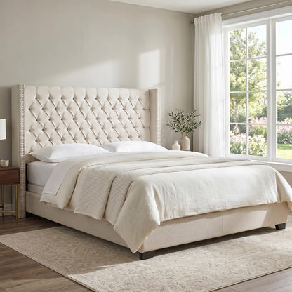 Madison Park Amelia Upholstered Headboard | Nail Head Trim Wingback Button Tufted | King, Cream