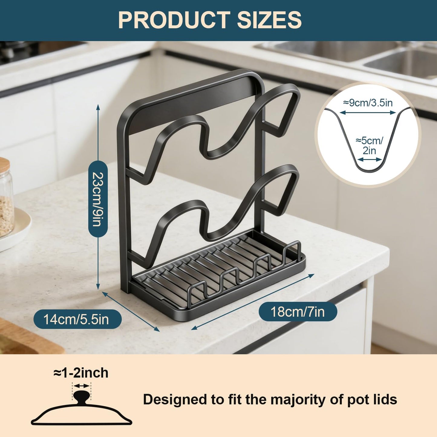 AMDISI Kitchen Pot Lid Storage Rack: Carbon Steel Double-Layer Holder & Spoon Rest with Removable Drip Tray, Pot Cover Holder While Cooking, Pot Lid Organizer for Kitchen Counter Space Saving(Gray)