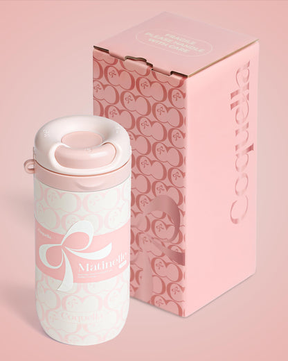 Coquella 15 oz Stainless Steel Coffee Tumbler with Twist-Open Lid, Insulated Travel Mug for Iced Coffee Cold Brew and Warm Beverages, Leakproof, BPA-Free, Cup Holder Friendly, Bow Charm, Blush Pink