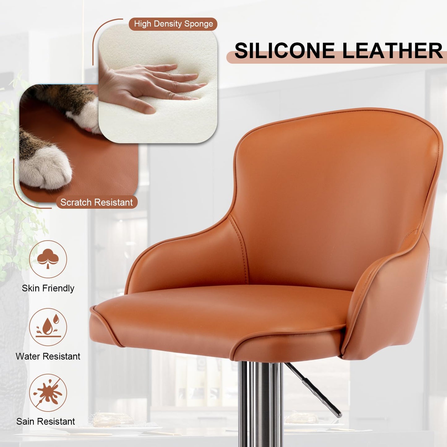 CozyRain Bar Stools Adjustable Stainless Steel Swivel Barstool with Back and Footrest,Modern Leather Upholstered Bar Chairs for Home,Kitchen,Bar, Counter Brown/Grey (Brown)