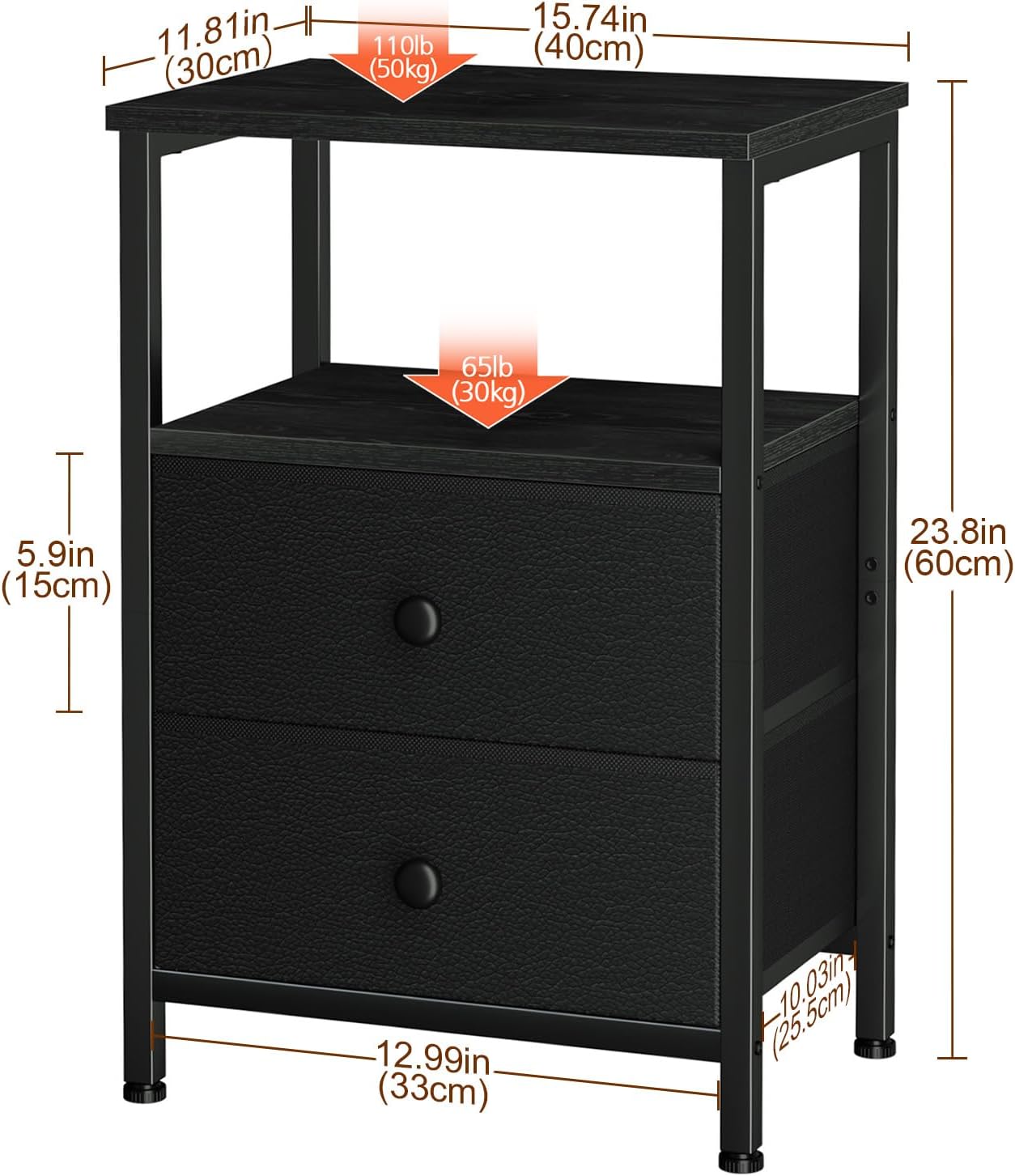 2 HETS002BK-1 LOAKEKEL Night Stand, Nightstand with Fabric Drawers for Bedroom, Small End Table with Open Storage Shelf