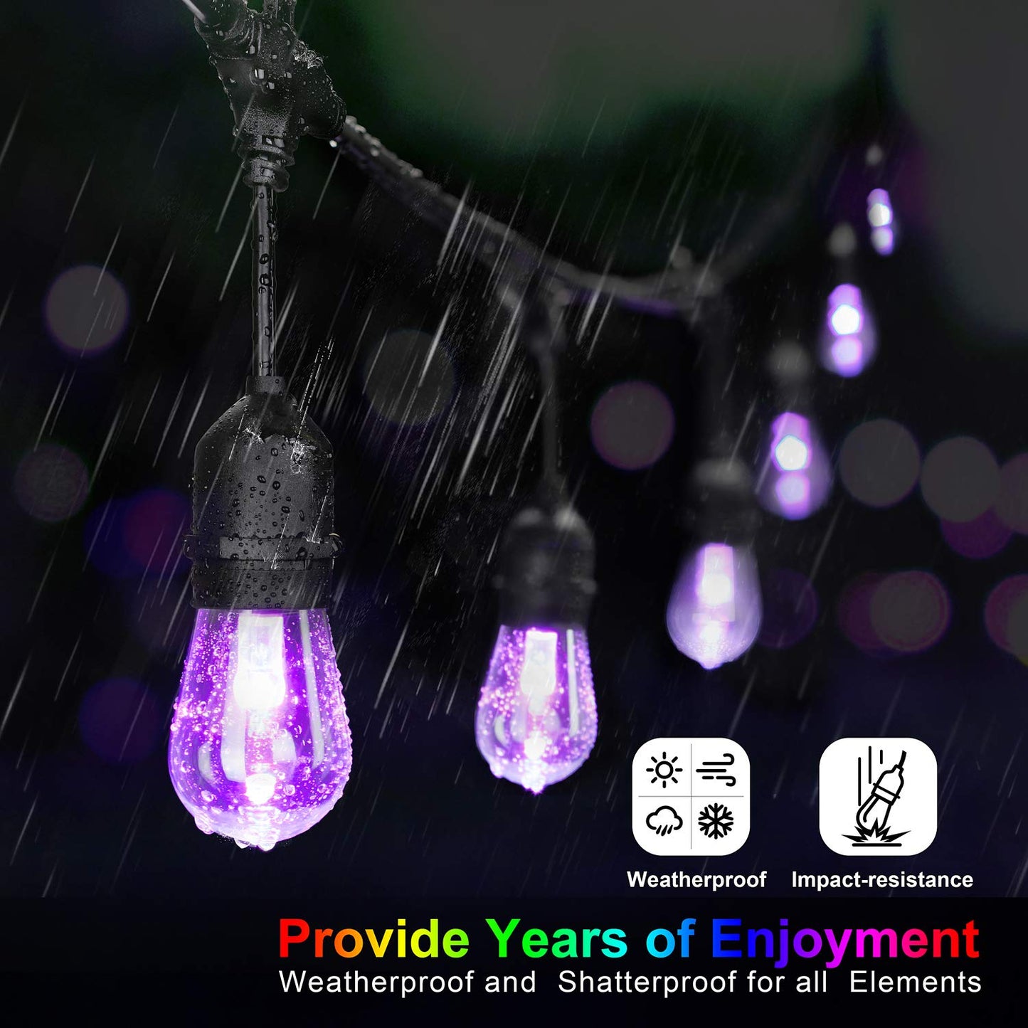 Mlambert 48FT Outdoor Patio Lights Waterproof Dimmable with Remote, RGB Cafe LED String Light with 15 Shatterproof Bulbs for Bistro Party-Black 1 Pack