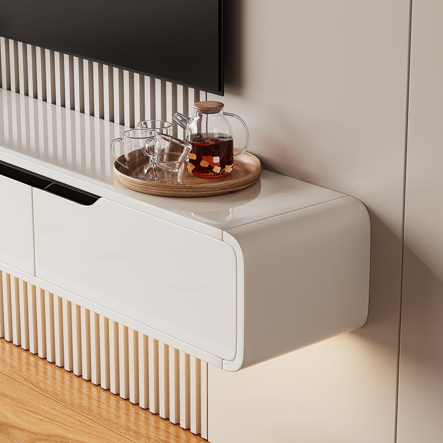 FurniNova High Gloss Floating TV Stand with 3 Doors,47'' Wall Mounted TV Cabinet,Under TV Console,Floating Media Shelft for Bedroom Living Room(White)