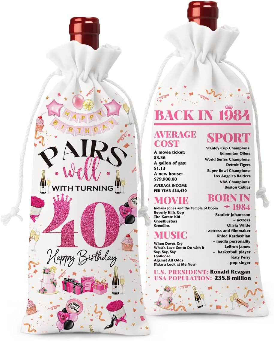 40th Birthday Gifts Wine Bag for Women Men, 40 Year Old Birthday Gifts, Happy 40th Birthday Party Decorations, Pairs