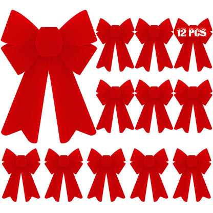 Heartome 12 PCS Christmas Bows, PVC Christmas Tree Bows 5 x 8 Inches, Red Velvet Bows for Hanging Red Xmas Outdoor Indoor Large Bows Xmas Decor Party Supplies Wreath Railing Fences