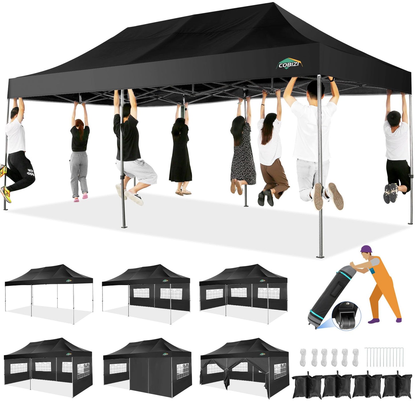 COBIZI 10x20 Heavy Duty Pop up Canopy Tent with 6 sidewalls Easy Up Commercial Outdoor Wedding Party Tents for Parties All Season Wind & Waterproof Gazebo Roller Bag, Black(Frame Thickened)