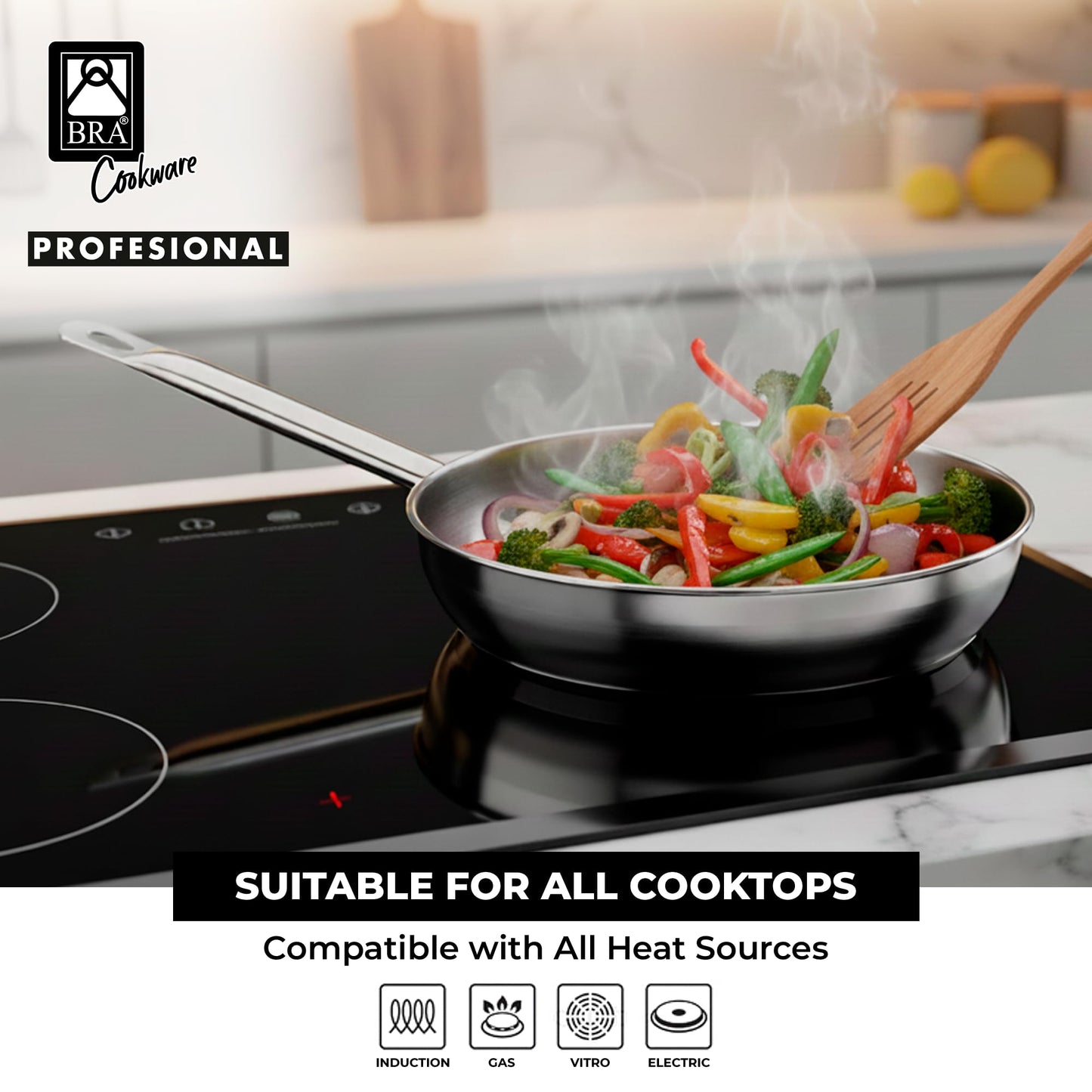 BRA COOKWARE Profesional Frying Pan | 8 inches Professional Skillet | Stainless Steel Pan w/o Non-Stick Coating | All Stovetop Compatible - Full Induction Skillet | 100% FOA Free | Brushed Finish