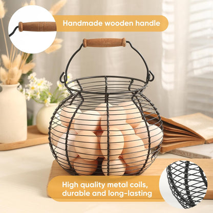 Farmhouse Round Wire Egg Basket with Handle, Metal Egg Collecting Basket for Countertop Holder (8.5 * 7.5 inch)