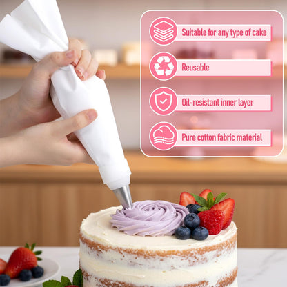Reusable Piping Bags and Tips Set, Cotton Reusable Piping Bag 12+14+16", with Coupler, Stainless Steel Nozzles & Cleaner, Easy to Clean, Eco-Friendly Baking Kit for Cake Decorating