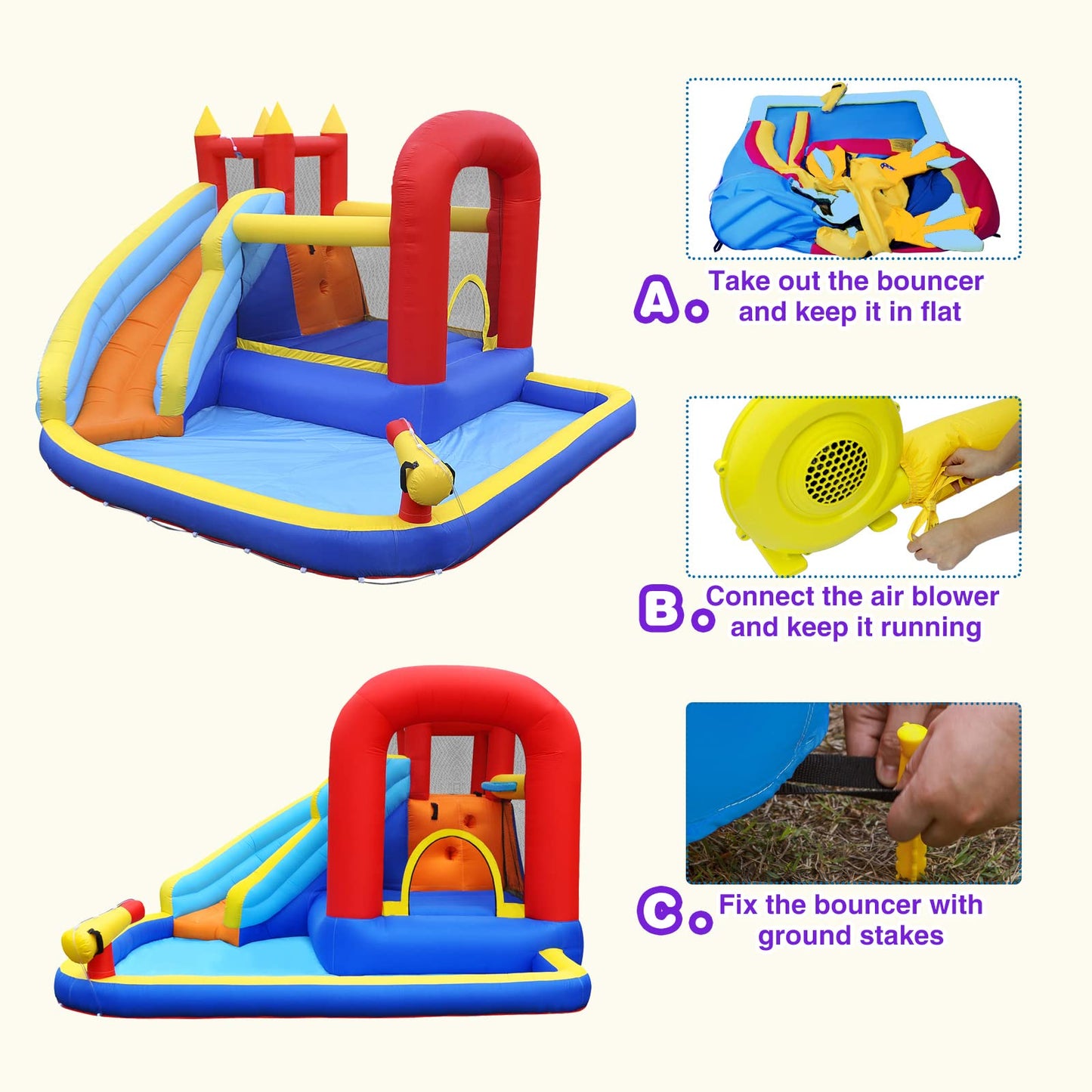 JOYLDIAS Inflatable Water Slide Bounce House,Slide Bouncer Castle Playhouse w/Splash Pool,Jump Area, Climbing Wall,Basketball Hoop,450W Air Blower for Kids Backyard Indoor Outdoor Use,Free Water Gun