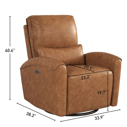 Bonzy Home Power Swivel Rocker Recliner Chair with USB Port, 23.2" Wide Seat, Fixed Lumbar Support, Upholstered Glider Chair for Nursery Living Room, Brown