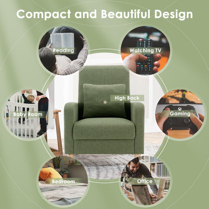 COLAMY Mid-Century Modern Upholstered Accent Chair with Back Pillow & Solid Wood Legs, Fabric Cozy Armchair for Living Room, Bedroom, Reading Nook, Apartment & Small Spaces, Green