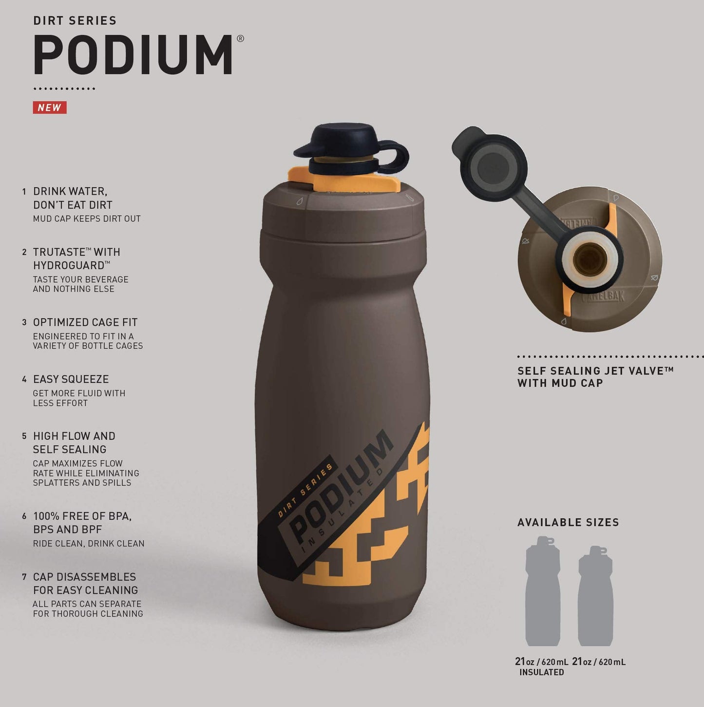 CamelBak Podium Dirt Series Chill Insulated Mountain Bike Squeeze Water Bottle Black, 21oz