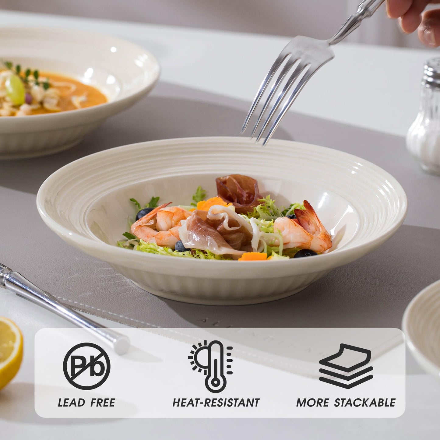 OniAnt Wide Rim Soup Bowls, 8 Inch Ceramic Rimmed Pasta Bowl Plates, Small Shallow Bowls Set of 4 for Side Salad, Portion Control, Oatmeal & Dessert, Microwave Dishwasher Safe - Cream Beige