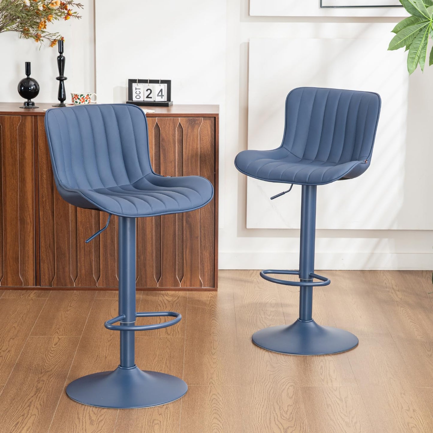 YOUNUOKE Bar Stools Set of 2, Counter Height Barstools for Kitchen Island, Modern Adjustable Swivel Blue Bar Chairs with Blue Legs