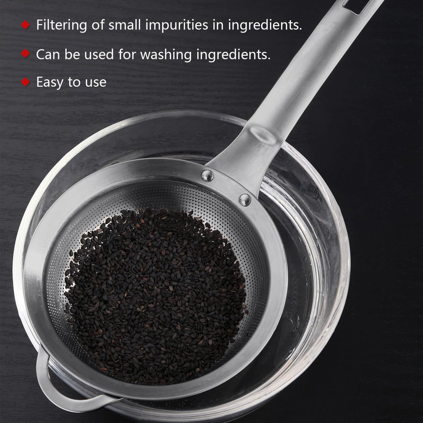 Collfa Punch Hole Sieve Fine Mesh Stainless Steel Small Colander Strainer With Handle Metal Micro Sifter Set of 2 for Kitchen Baking and Food Filter Rice,Tea,Pasta,Flour,Juice,Mini 3.55 and 4.33 Inch