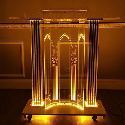 CAMBOS Lectern Podium Stand, Clear Podium Stand Clear Acrylic Podium with Rollers LED Lighted Podium Stand Classroom Decoration for Company Dining Table Furniture School