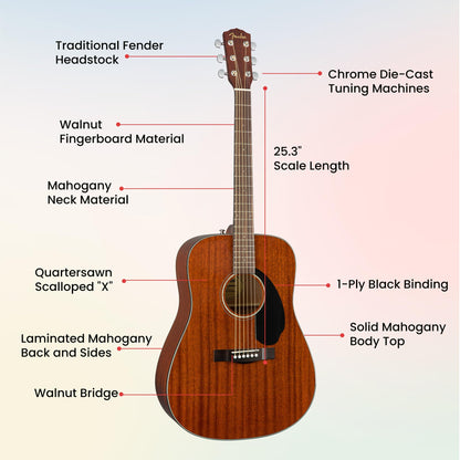 Fender CD-60S Solid Top Dreadnought Acoustic Guitar - All Mahogany Bundle with Hard Case, Tuner, Strap, Strings, Picks, and Austin Bazaar Instructional DVD