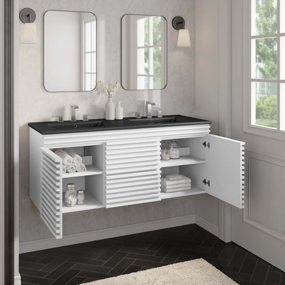 Modway Render 48" Wall-Mount Bathroom Vanity Cabinet with Double Ceramic Sink Basin in White Black