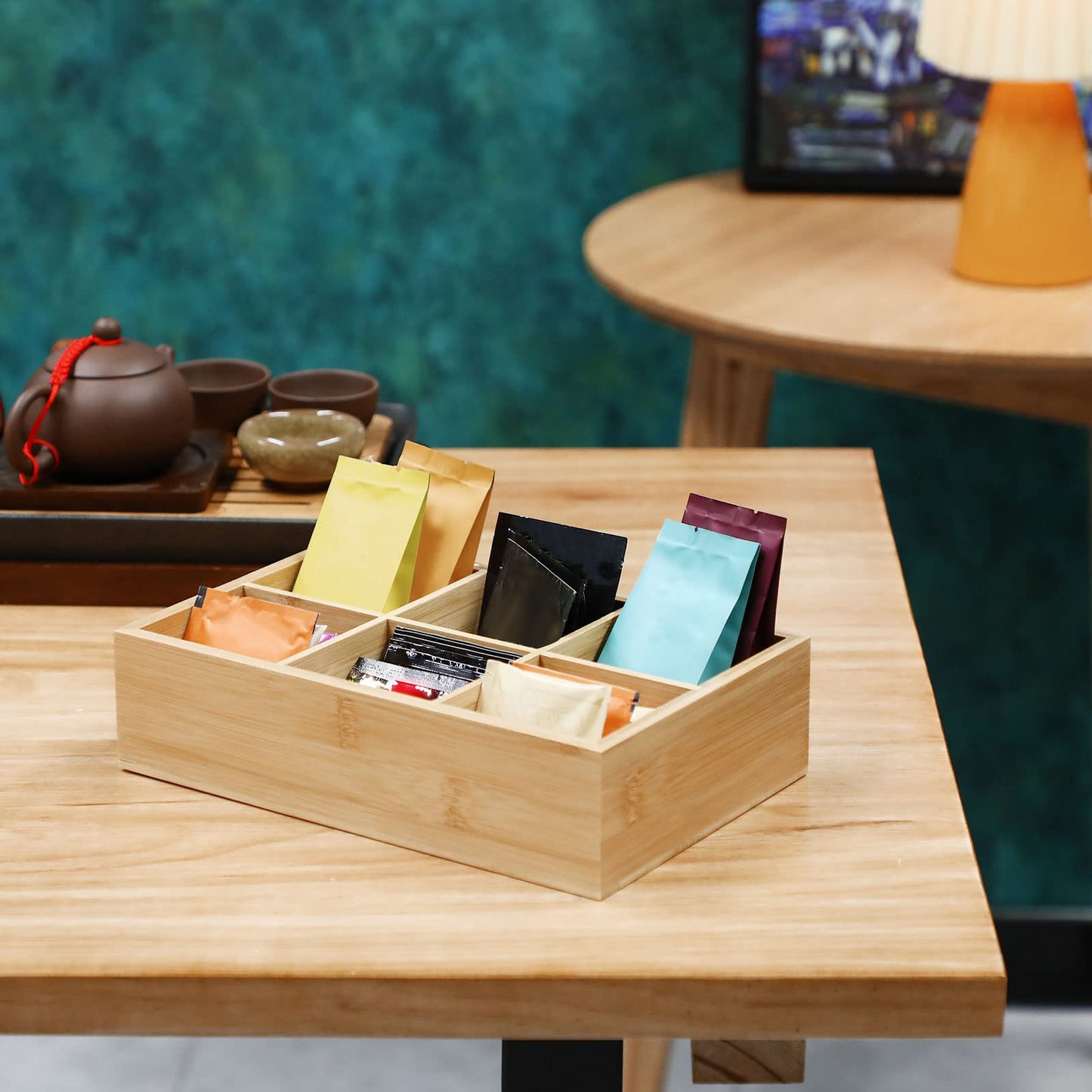 Maitys 4 Pcs Bamboo Divided Storage Organizer Bamboo Container with 6 Compartments Food Storage Bin Wooden Tea Drawer Box Bin Holder Case for Snacks Tea Bags Coffee Sugar
