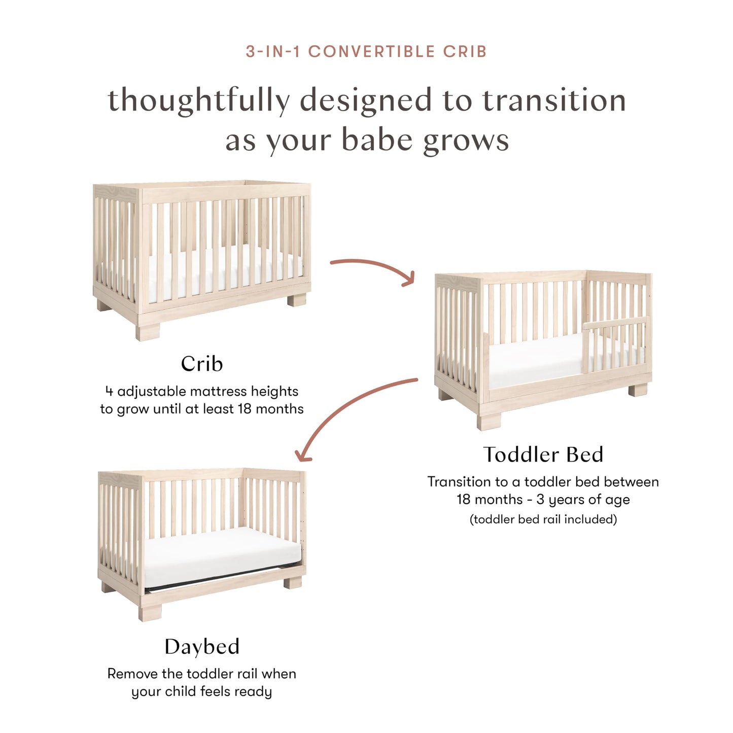 Babyletto Modo 3-in-1 Baby Crib Convertible to Toddler Bed & Daybed - Includes Toddler Conversion Kit - GREENGUARD Gold Certified - 100% Solid Wood Crib for Baby, 4 Adjustable Heights - Washed Natural