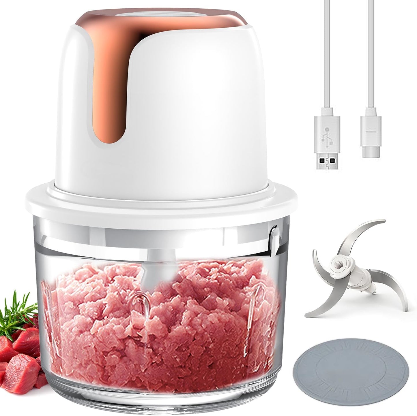 Sunfuny Mini Cordless Food Processor, Wireless 5-Cup Glass Bowl Chopper, 6000mAh Battery USB-C Rechargeable Vegetable