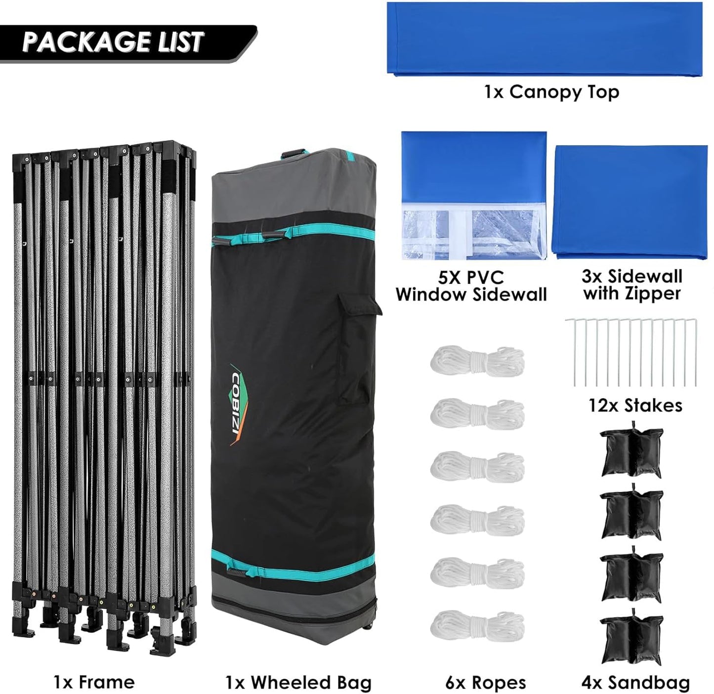 COBIZI 10x30 Pop up Canopy Heavy Duty Outdoor Extra Thick Frame Tents with 8 sidewalls for Parties UPF 50+ Waterproof Commercial Gazebo with Roller Bag, Blue(Windproof Upgraded)