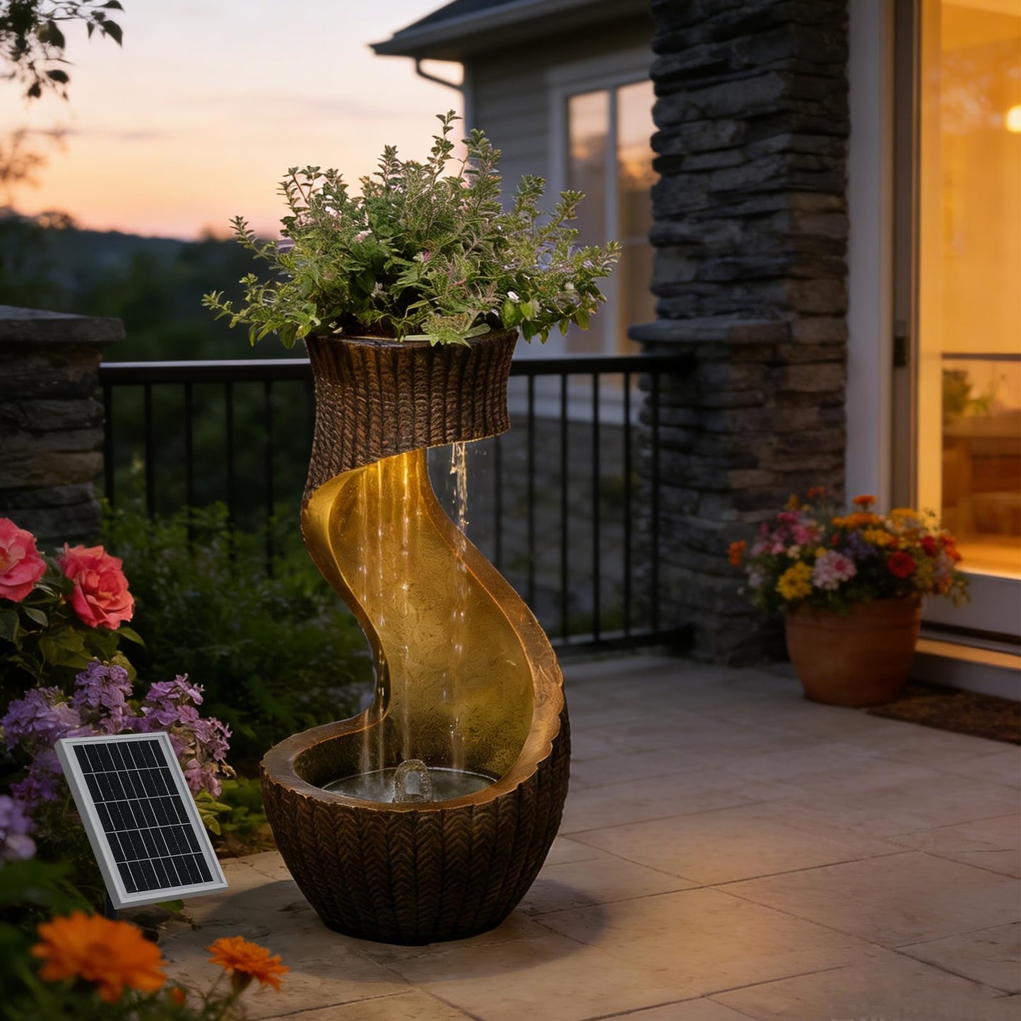 26.77" Tall Solar Water Fountain Outdoor Waterfall Feature, Modern Solar Powered Water Fountain with LED Lights & Planter Bowl for Garden, Patio, Yard, Porch, Deck, Backyard Decor