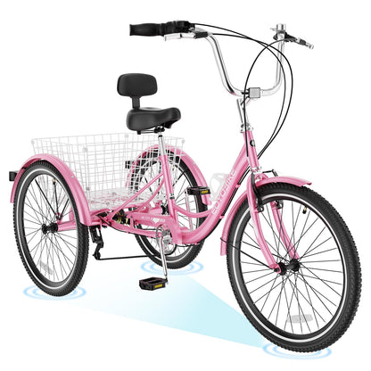 H&ZT Adult Tricycle, 3 Wheeled Bike, Trike Cruiser Bike, with 7-Speed Gear, Parking Brake Handle, Low Step, Large Rear Basket, Elderly Friendly, for Men, Women, and Teens