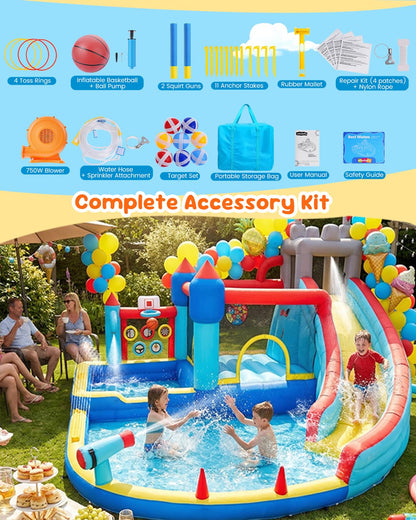 AKEYDIY Inflatable Water Bounce House, 15 x 14 FT Water Slide for Kids,Bouncy Castle Water Park with Deep Splash Pools,Water Cannon&Spray Belt,750W Blower,Ideal for Backyard/Party/Birthday