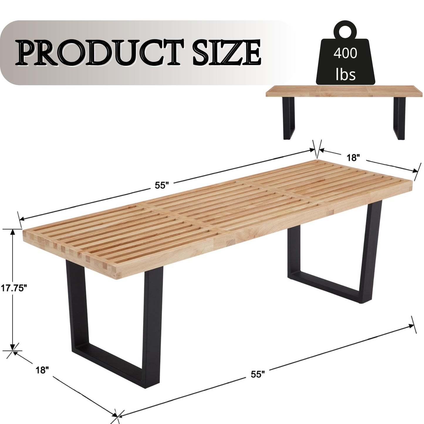 Hyfirm Natural Wood Dining Bench Nelson Slat Wooden Bench Entryway Bench, 55" Modern Wood Bench Indoor with Black Metal Legs Skeleton Seat for Living Room Bedroom End of Bed
