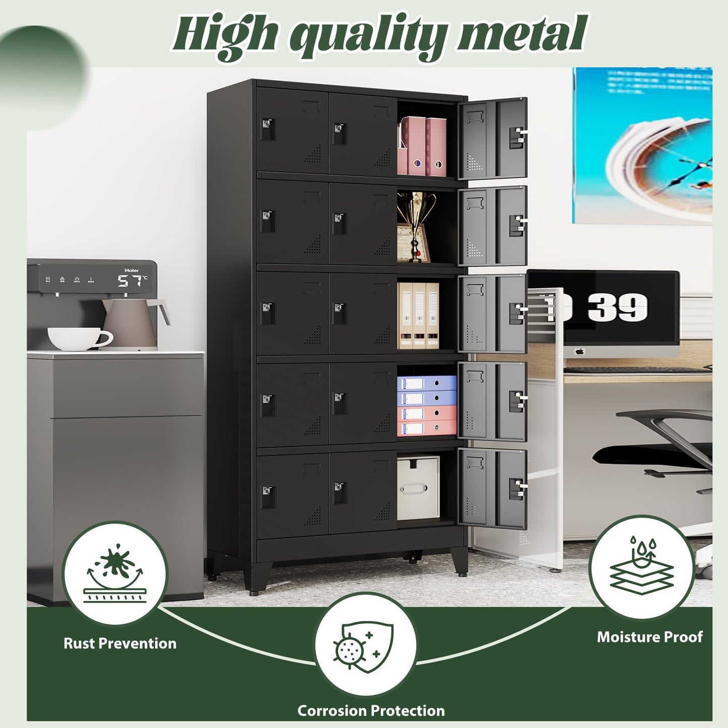 Lusiwry Metal Lockers for Employees-15 Doors Storage Locker with Shelves and Lockable Steel Cabinet for School,Gym,Office,Staff,Assembly Required,Black