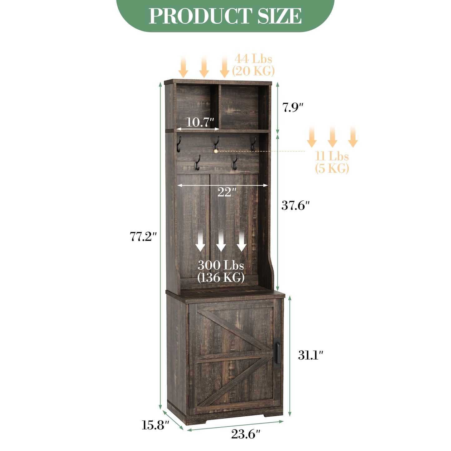 IDEALHOUSE Farmhouse Narrow Coat Rack with Shoe Storage, 23.6" Small Hall Tree with Bench, Entryway Coat Rack with 5 Hooks, 2 Cubbies & 1 Barn Door Cabinet for Entryway, Hallway, Mudroom, White/Brown
