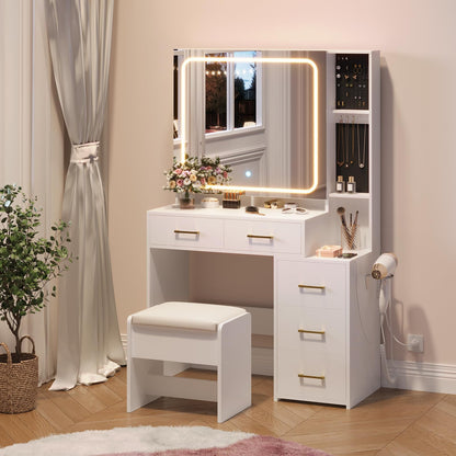 GarveeHome Makeup Vanity Set with Mirror and Lights, Vanity Desk with 5 Drawers, Stool & Power Outlet, 3-Color Lighting Modes with Adjustable Brightness for Bedroom Dressing Table, White