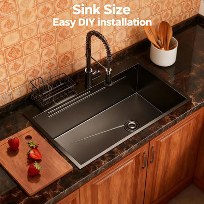 30 Inch Black Drop-In Stainless Steel Kitchen Sink: Single Bowl Deep Scratch Resistant 16 Gauge Workstation with Faucet & Accessories Combo for Family Kitchen