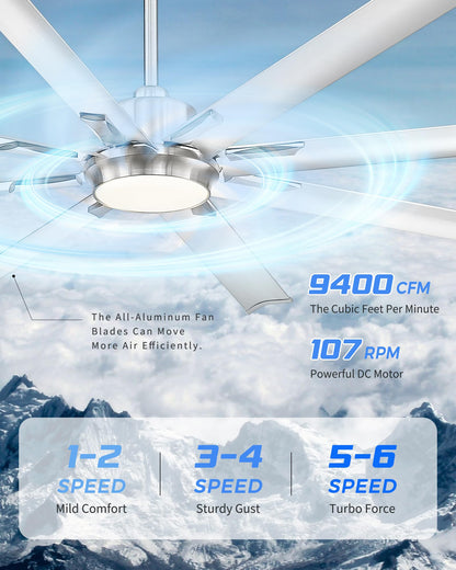 JAZAVA 72 Inch Bruehed Nickel Ceiling Fan With Light,Smart Fan Work With Alexa,Industrial Ceiling Fan With 8 Aluminium Metal Blades,Ideal for Courtyard,Patio and Living Room,CF04BN-72