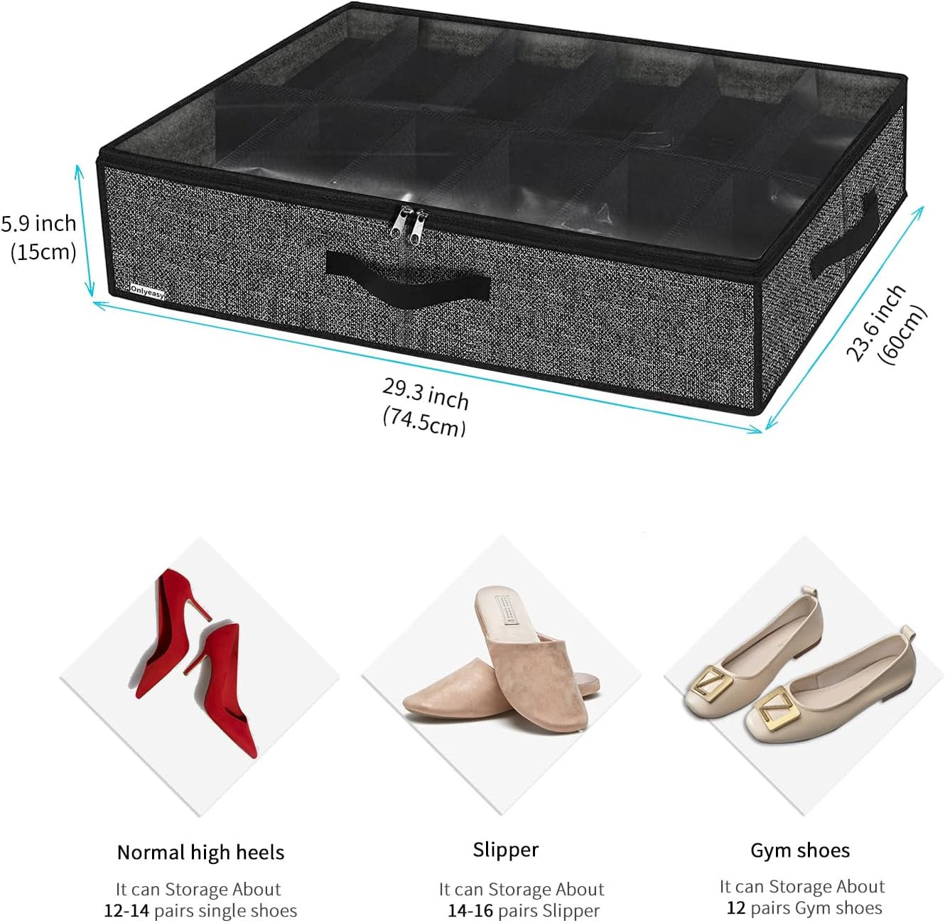 1 Pack 12 Closet, MXAUBSB1P Onlyeasy Under Bed Shoe Storage Organizer with Sturdy Handles and Clear Window Fits Pairs