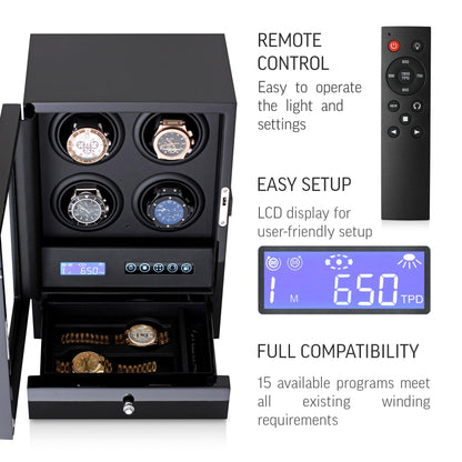 Automatic Watch Winder with LED Light, Storage Drawer and LCD Touchscreen Control (Black + Black)