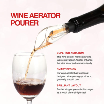 HC Honey Coco Wine Aerator Pourer + Vacuum Pump Stopper, 2-Piece Wine Saver Set, Drip-Free Pour Spout for Smoother Taste, Preserves Open Bottles, Gift-Ready Wine Accessories