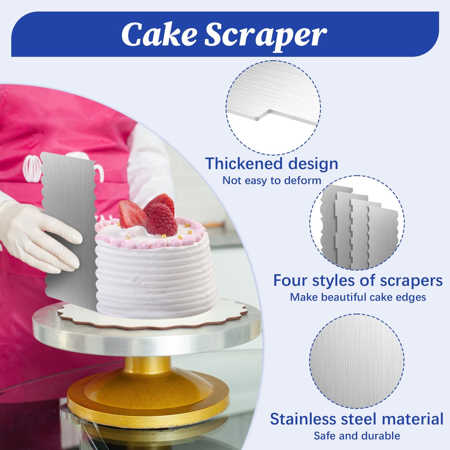 4 Pack Stainless Steel Cake Scraper,8.6 Inch Double Sided Patterned Stripe Metal Cake Smoother, Cake Decorating Comb Pastry Cutter Leveler for Mousse Butter Cream Cake Edge Baking Decoration