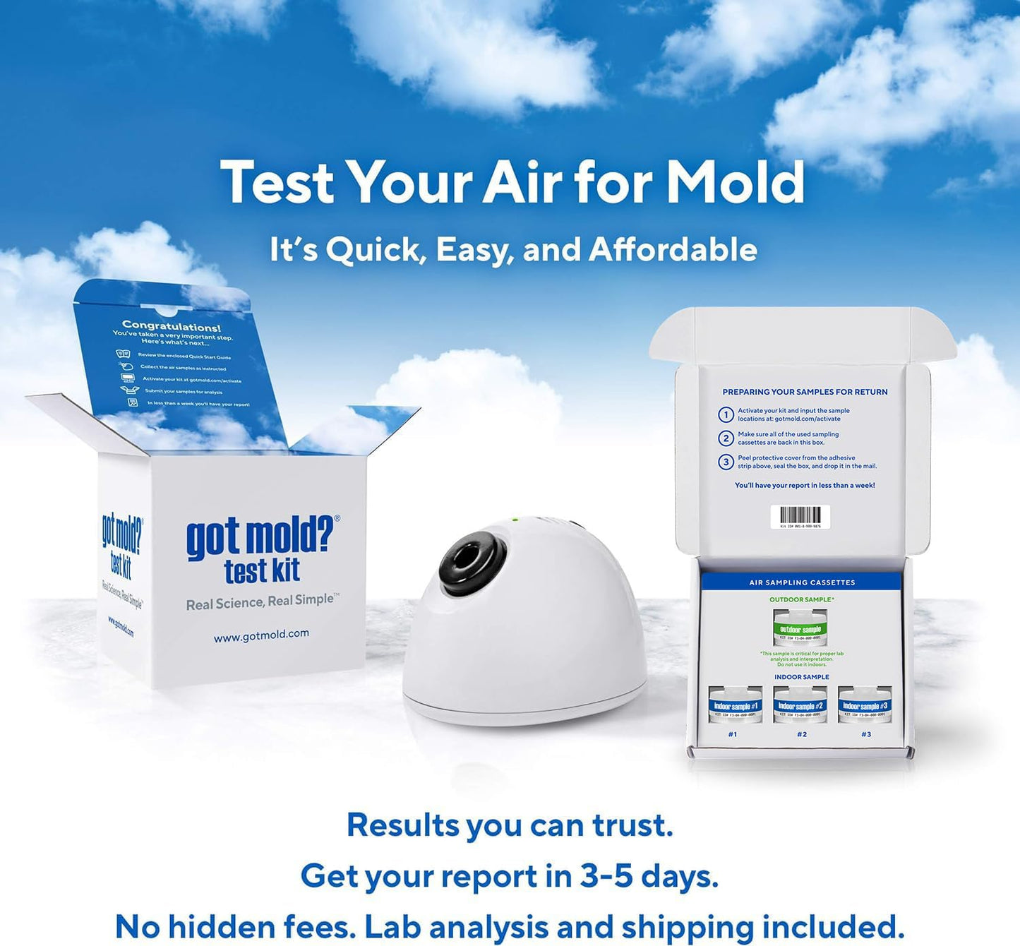 3 ROOM KIT | Test Your Air! Professional Quality Mold Test Kit for Home - All Fees Included - 1, 2 & 3-Room Test Kits & Refills - Reusable BioVac™ Air Sampler - Full Mold Type & Quantity Analysis